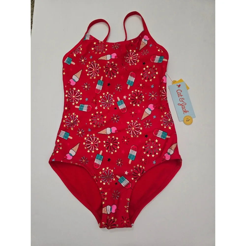 Cat & Jack Girls Red Ice Cream Popsicle Firework One Piece Swimsuit NWT S 6/7
